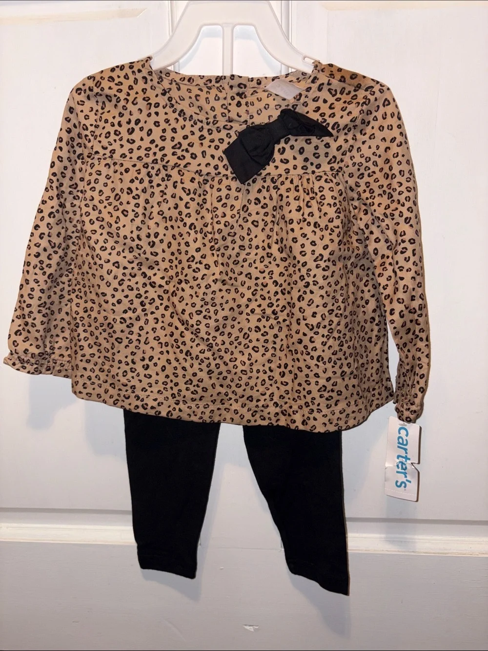 Carter's Tan Leopard Print Top with Black Bow & Black Leggings